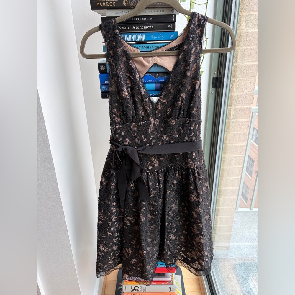 Black Lace Overlay Cocktail Dress with Nude Underlay